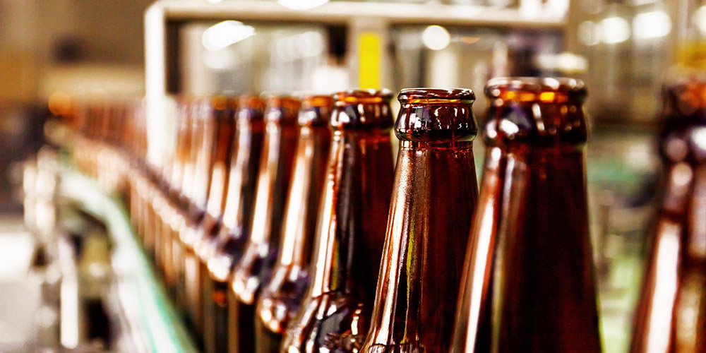 Beer bottles on a conveyor belt