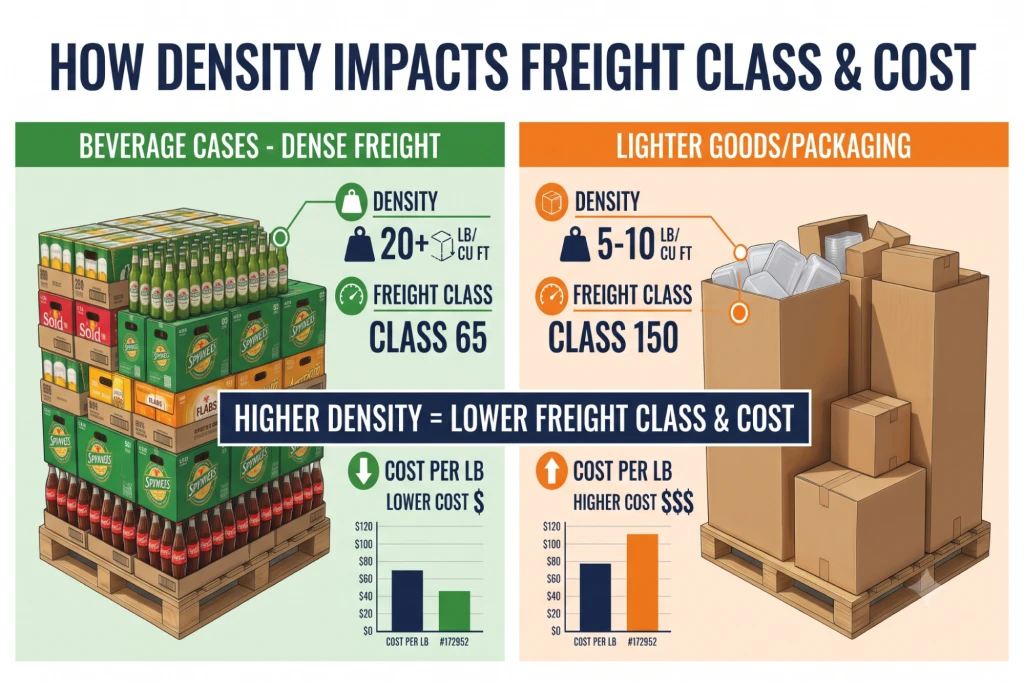 Illustrated comparison showing higher density leads to a lower freight class and lower cost for a beverage shipment