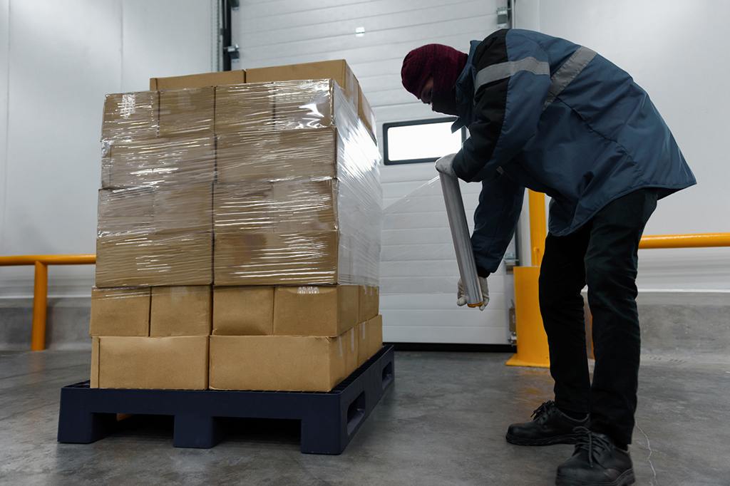 Worker wrapping boxes with plastic wrap for shipping 