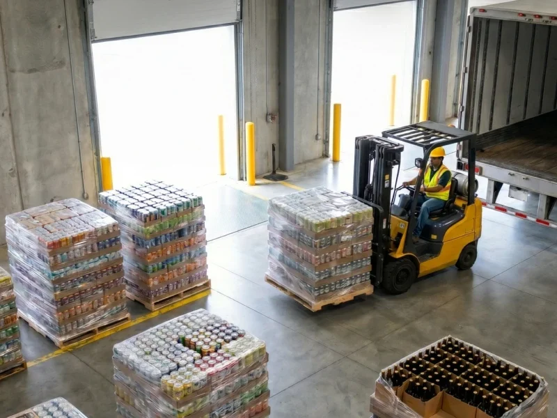 Modern warehouse loading bay where a forklift is loading shrink-wrapped pallets of beverage cans into a transport truck