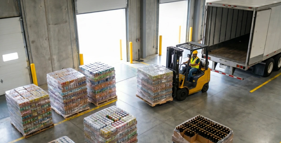 Modern warehouse loading bay where a forklift is loading shrink-wrapped pallets of beverage cans into a transport truck