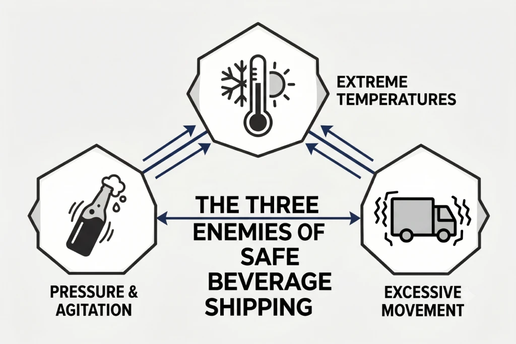 Infographic showing the three main causes of carbonated beverage damage: Pressure, Temperature, and Movement 