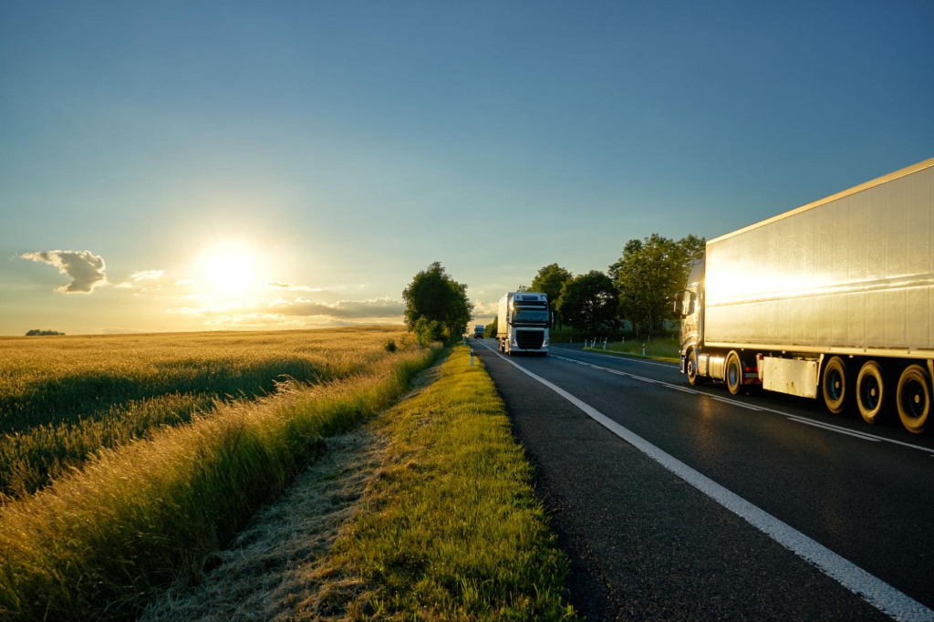 Delivery trucks on a highway at sunset