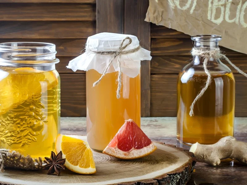 Homemade kombucha jars with citrus slices, ginger, and rustic wooden backdrop.