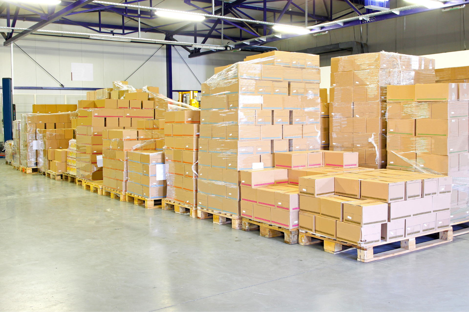 A warehouse filled with small packages stacked on pallets