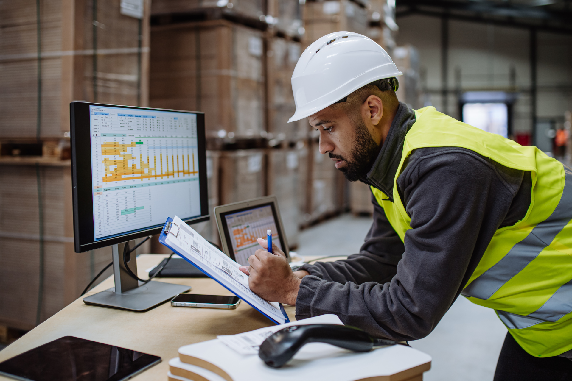 Warehouse manager looking at inventory reports