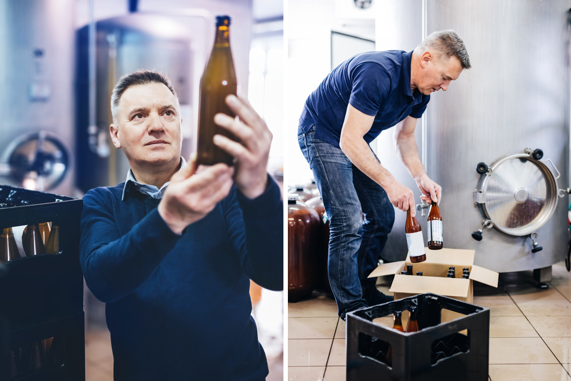 A business owner inspects and packages alcohol to be shipped to a consumer