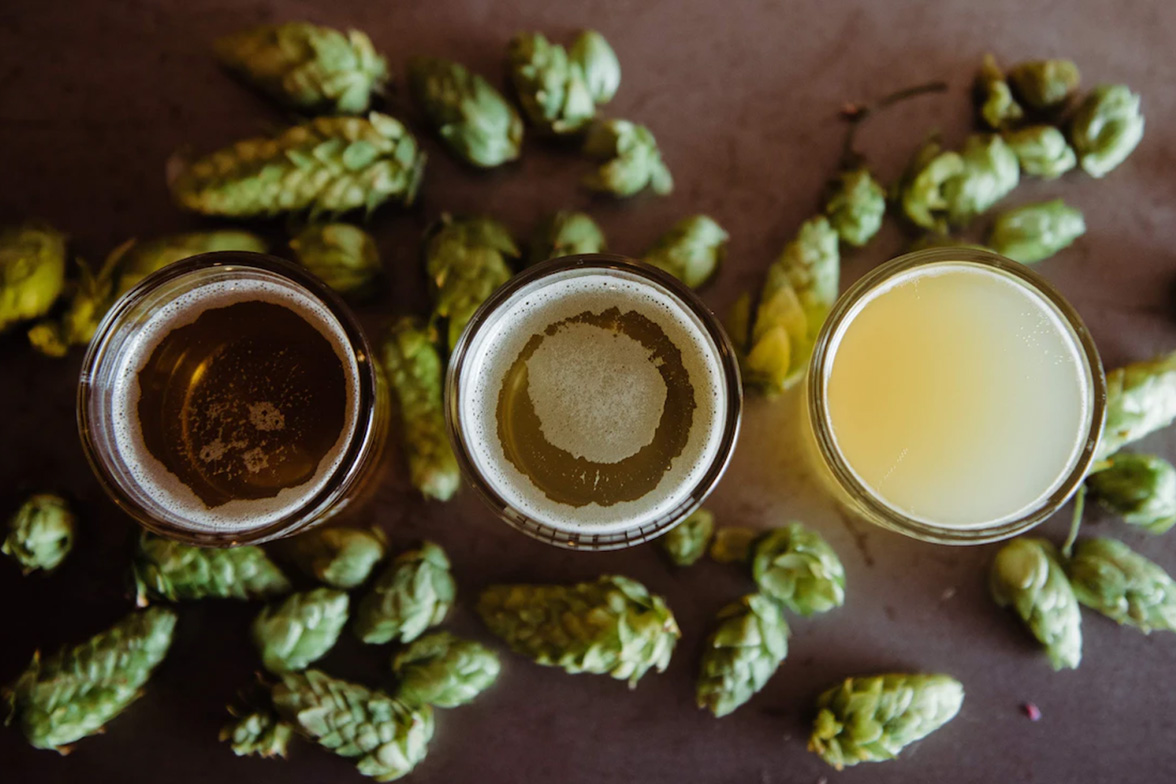 A bird’s eye view of fresh hops surrounded by craft beers