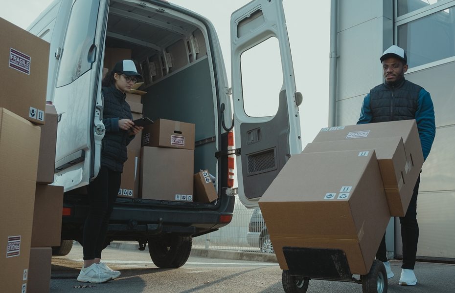 A pair of employees move boxes around a delivery van.