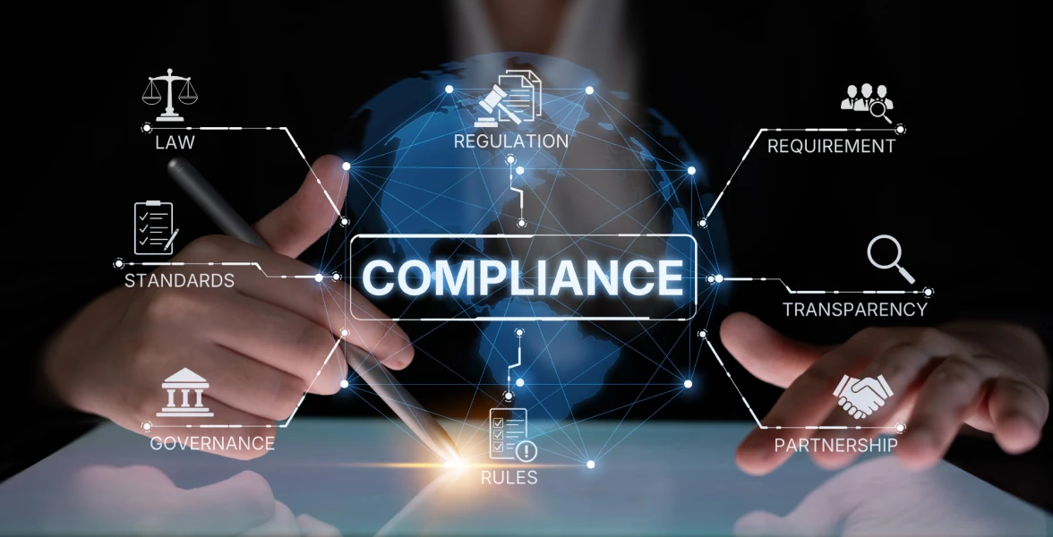 A business professional interacts with a digital globe labeled ‘Compliance,’ surrounded by icons and relevant terms