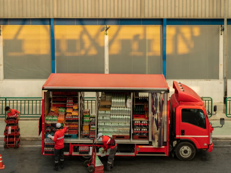 Workers unloading beverages from a temperature-controlled truck