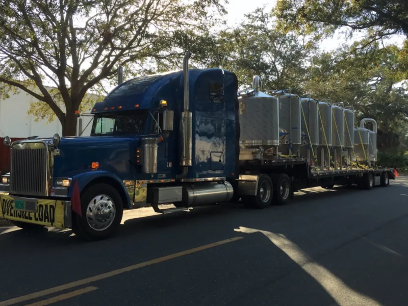 A shipment of beverage equipment on a flatbed