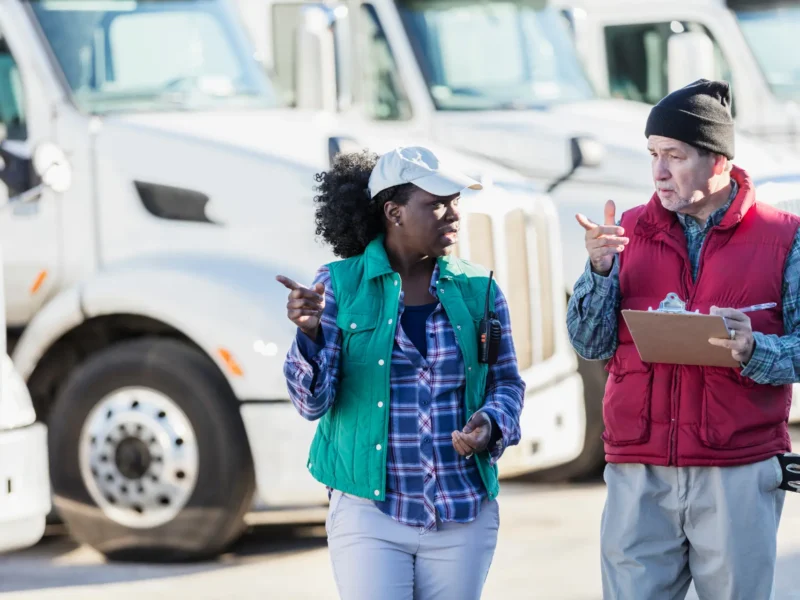 Two truckers discussing trucking market trends in front of a fleet