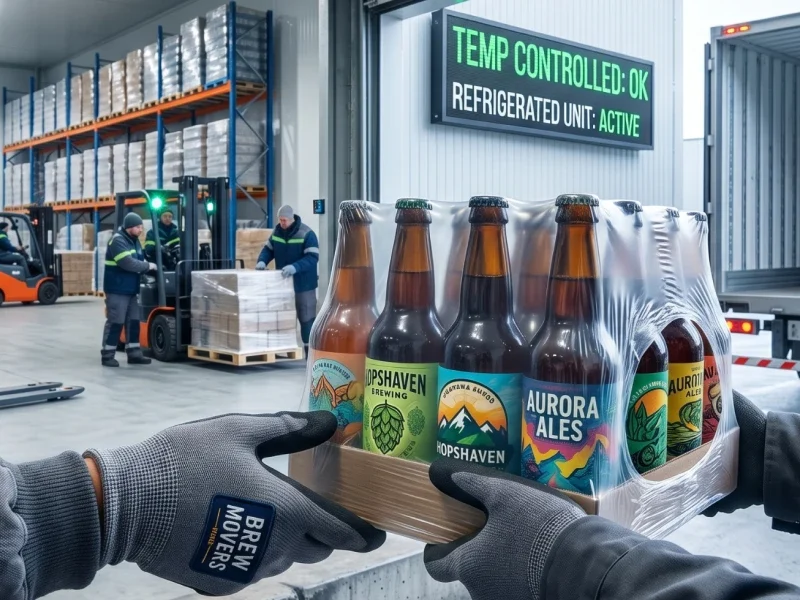 Close-up view of branded gloved hands transferring a case of beverages onto a temperature-controlled freight loading dock