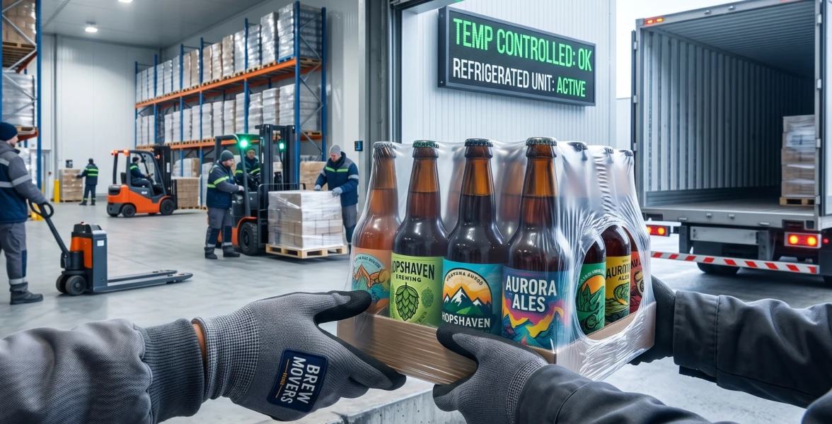 Close-up view of branded gloved hands transferring a case of beverages onto a temperature-controlled freight loading dock