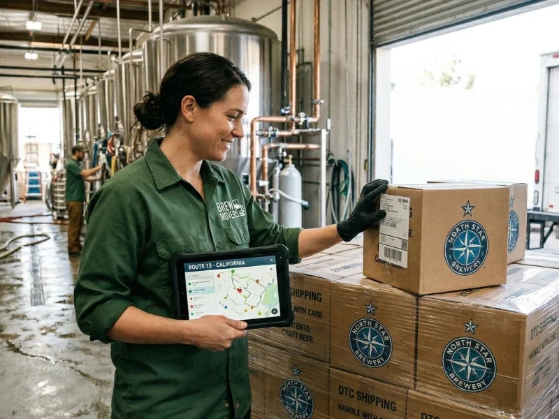 Worker in a brewery warehouse scanning and labeling stacked boxes for shipment.
