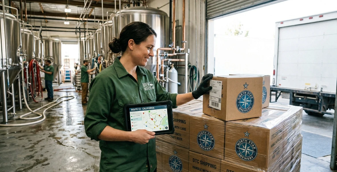 Worker in a brewery warehouse scanning and labeling stacked boxes for shipment.