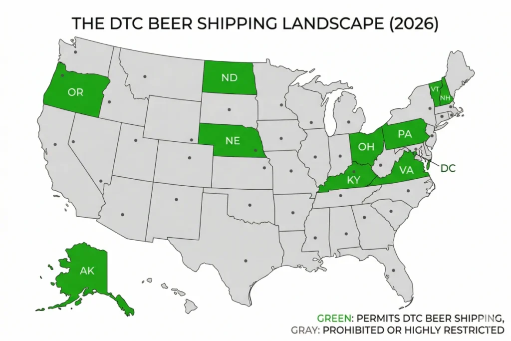 Map of the U.S. showing states where direct-to-consumer beer shipping is permitted in 2026.
