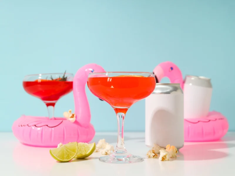 Refreshing canned cocktails are displayed with pink flamingo pool floats, lime slices, and popcorn