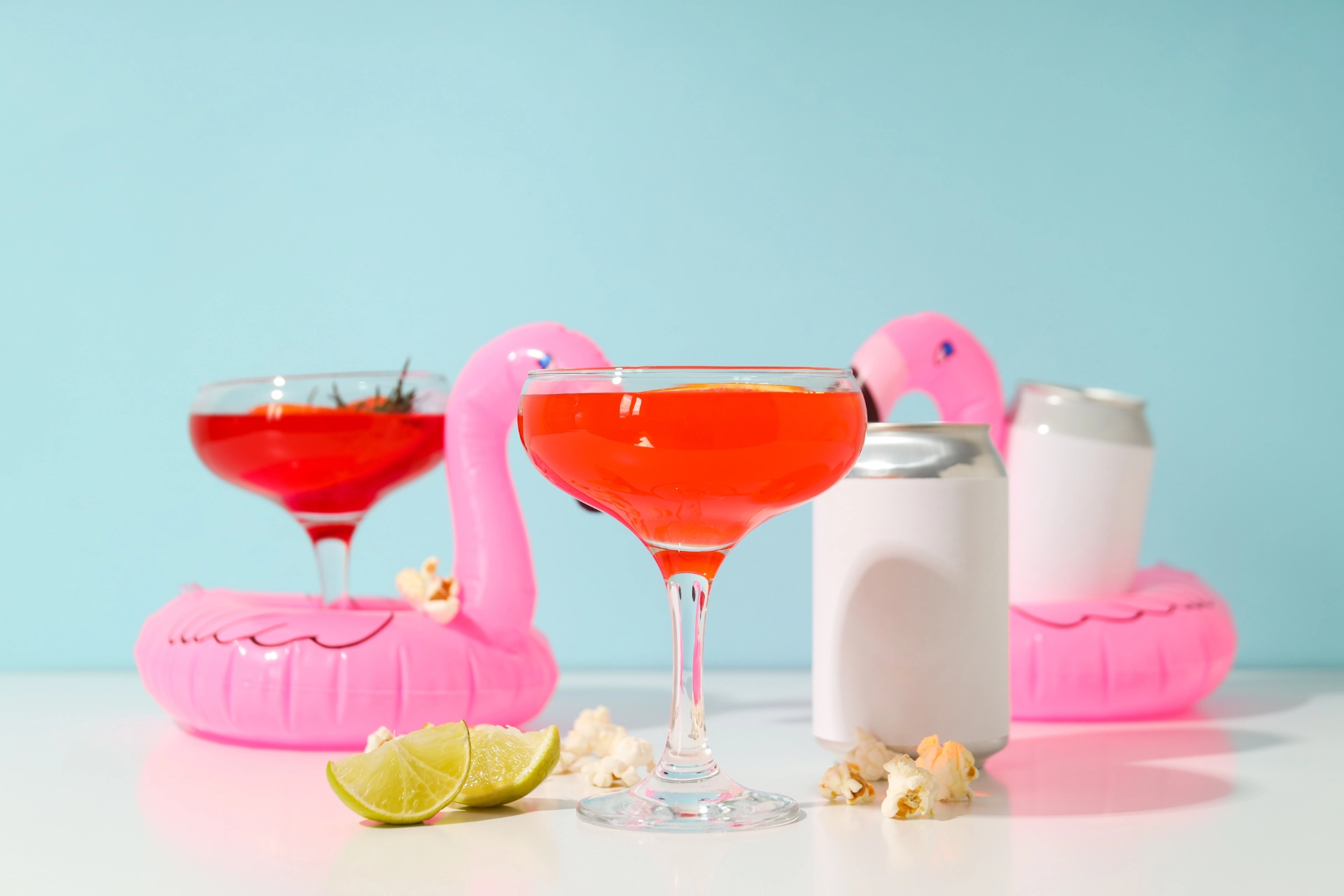 Refreshing canned cocktails are displayed with pink flamingo pool floats, lime slices, and popcorn