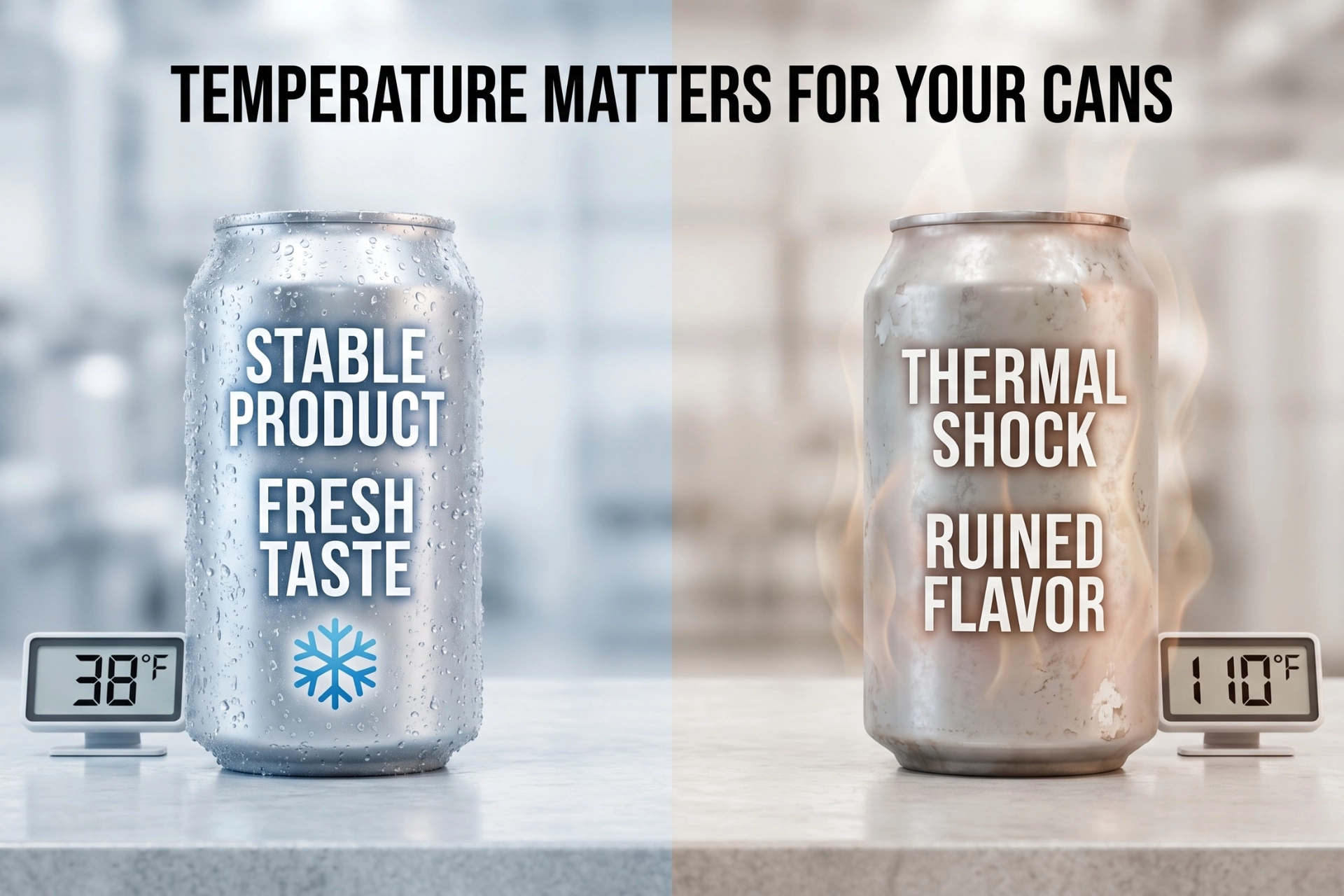 A graphic demonstrating the effect of temperature on canned cocktails, comparing a properly refrigerated can to one exposed to excessive heat