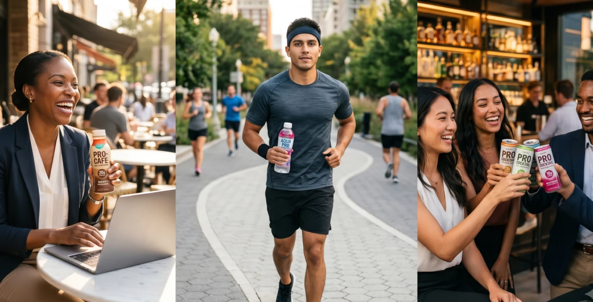 Adults enjoying ready-to-drink protein beverages at a cafe, on an outdoor walk, and at a bar.