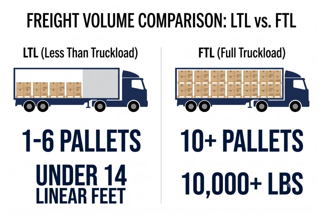 A diagram comparing LTL shipment size (1-6 pallets) versus FTL shipment size (10+ pallets)