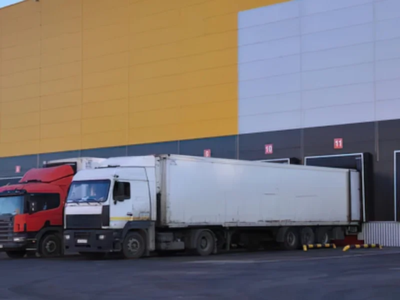 A freight truck and trailer parked at a loading dock outside