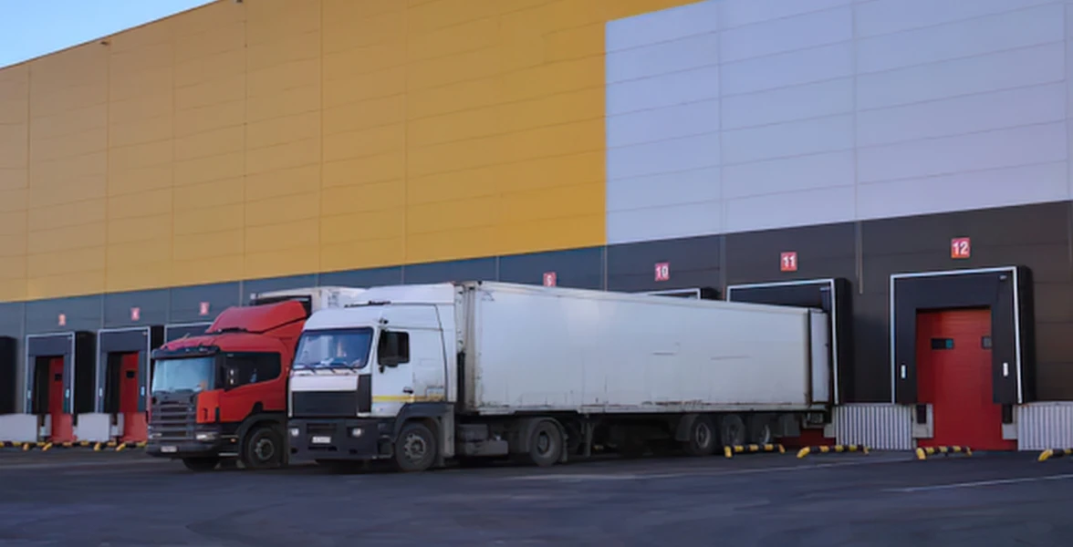 A freight truck and trailer parked at a loading dock outside