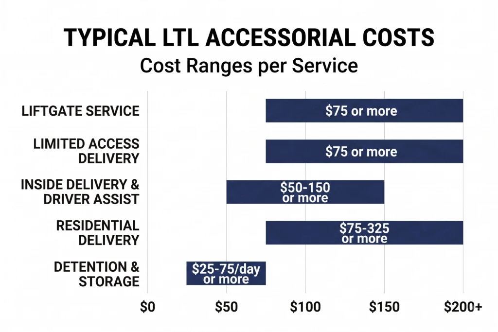 Bar chart showing typical cost ranges for common LTL accessorial charges