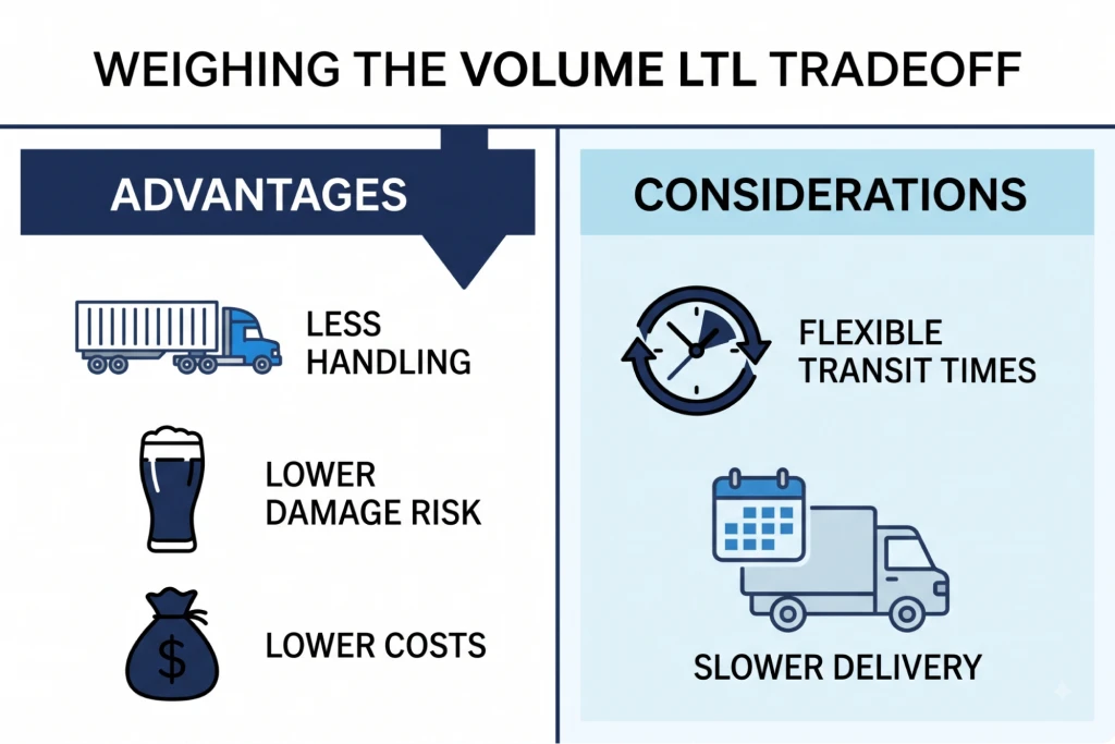An infographic chart weighing the pros and cons of Volume LTL, showing lower cost vs. flexible scheduling.