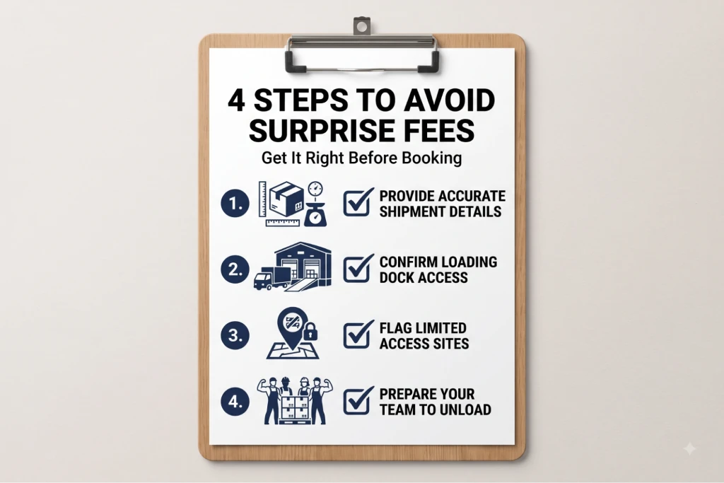 A 4-step checklist infographic for avoiding freight accessorial charges