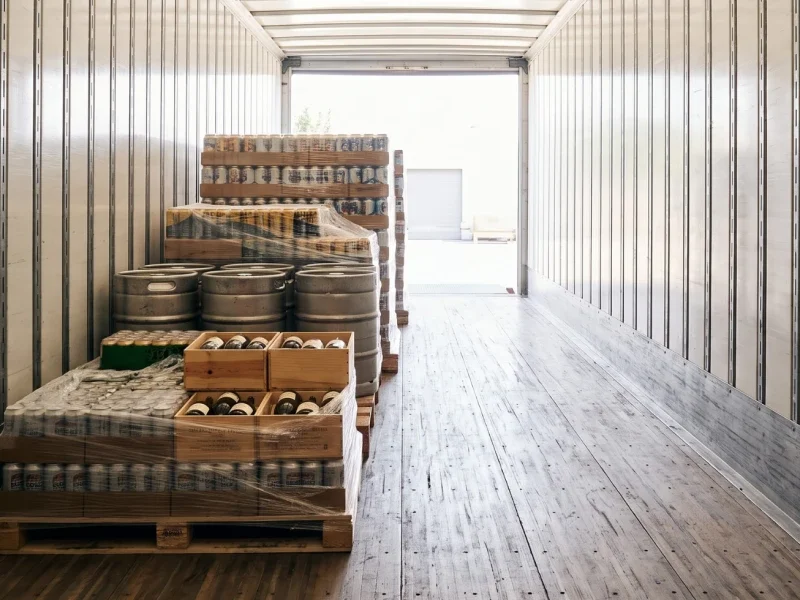 A partially loaded semi-truck trailer with pallets of cans and kegs, showing empty space in the rear